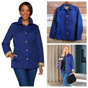 EUC Women’s C Wonder Navy Blue Quilted Parka Jacket w/ gold buttons Size Large